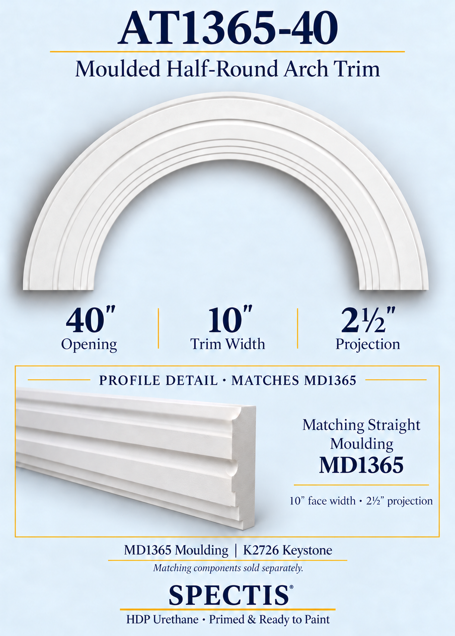 AT1365-40 moulded half-round HDP urethane arch trim with matching MD1365 moulding profile