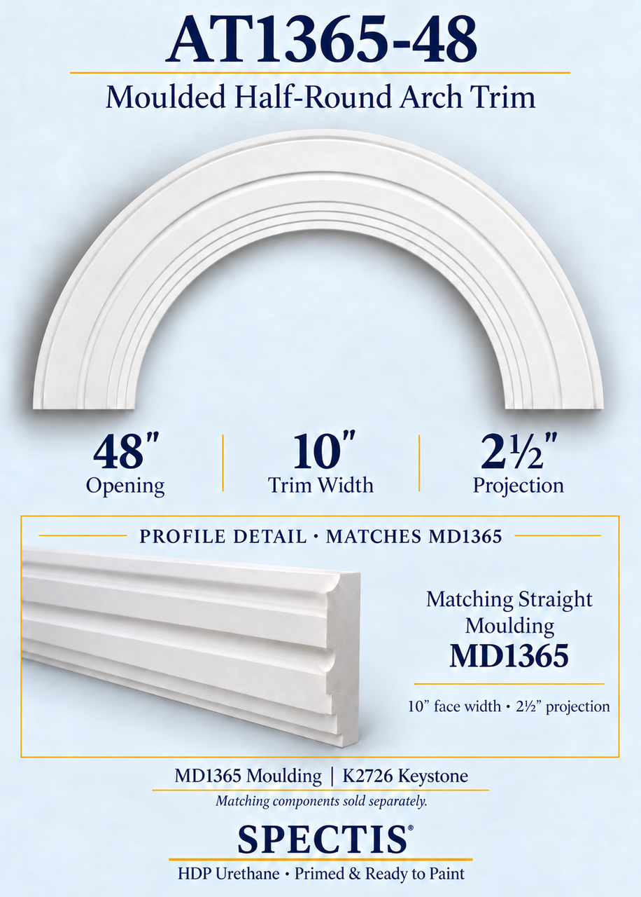 AT1365-48 moulded half-round HDP urethane arch trim with matching MD1365 moulding profile