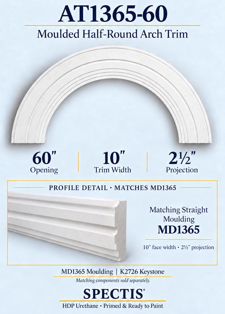 AT1365-60 moulded half-round HDP urethane arch trim with matching MD1365 moulding profile