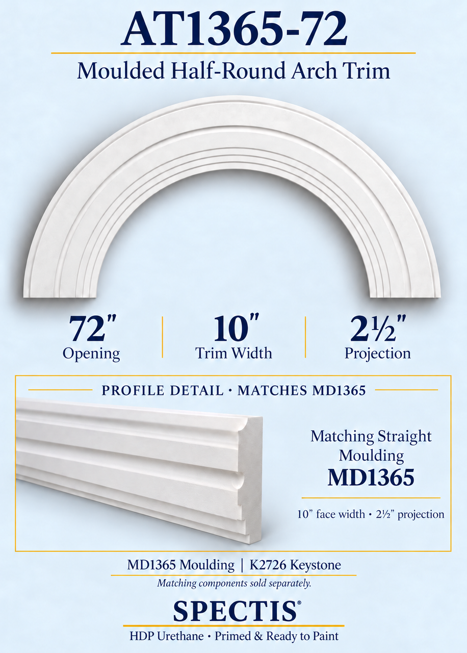 AT1365-72 moulded half-round HDP urethane arch trim with matching MD1365 moulding profile