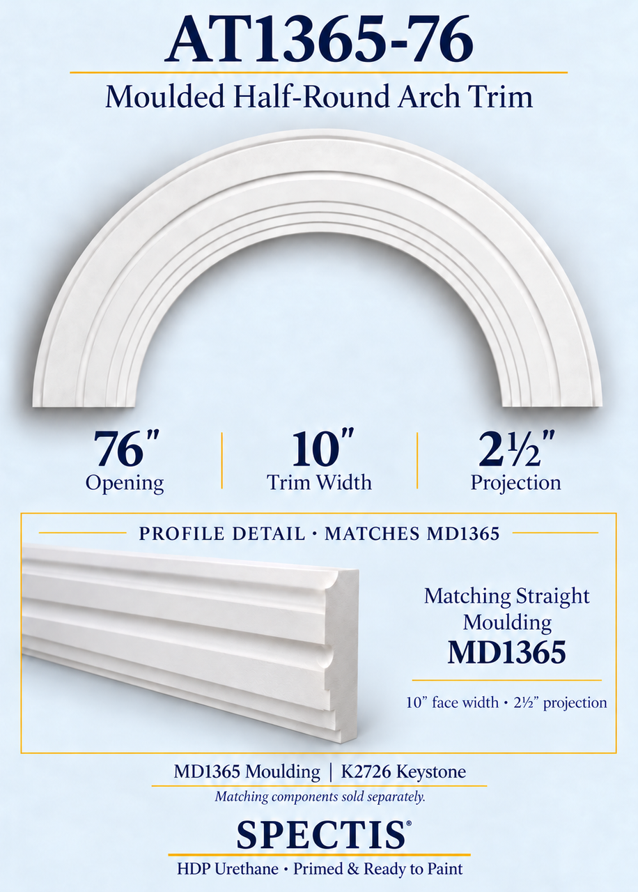 AT1365-76 moulded half-round HDP urethane arch trim with matching MD1365 moulding profile