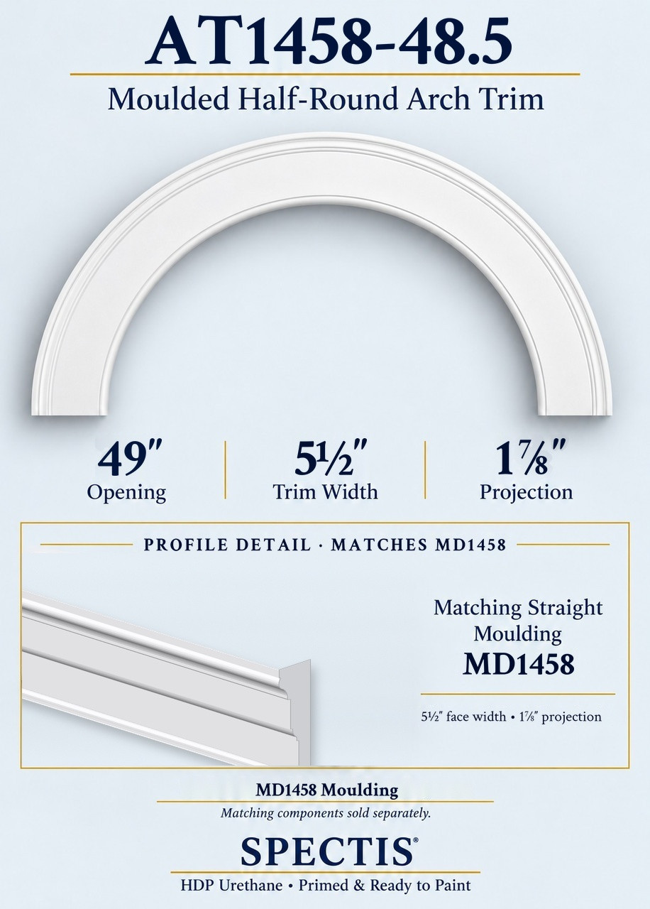 AT1458-48.5 moulded half-round urethane arch trim for a 49-inch opening, with matching MD1458 moulding profile