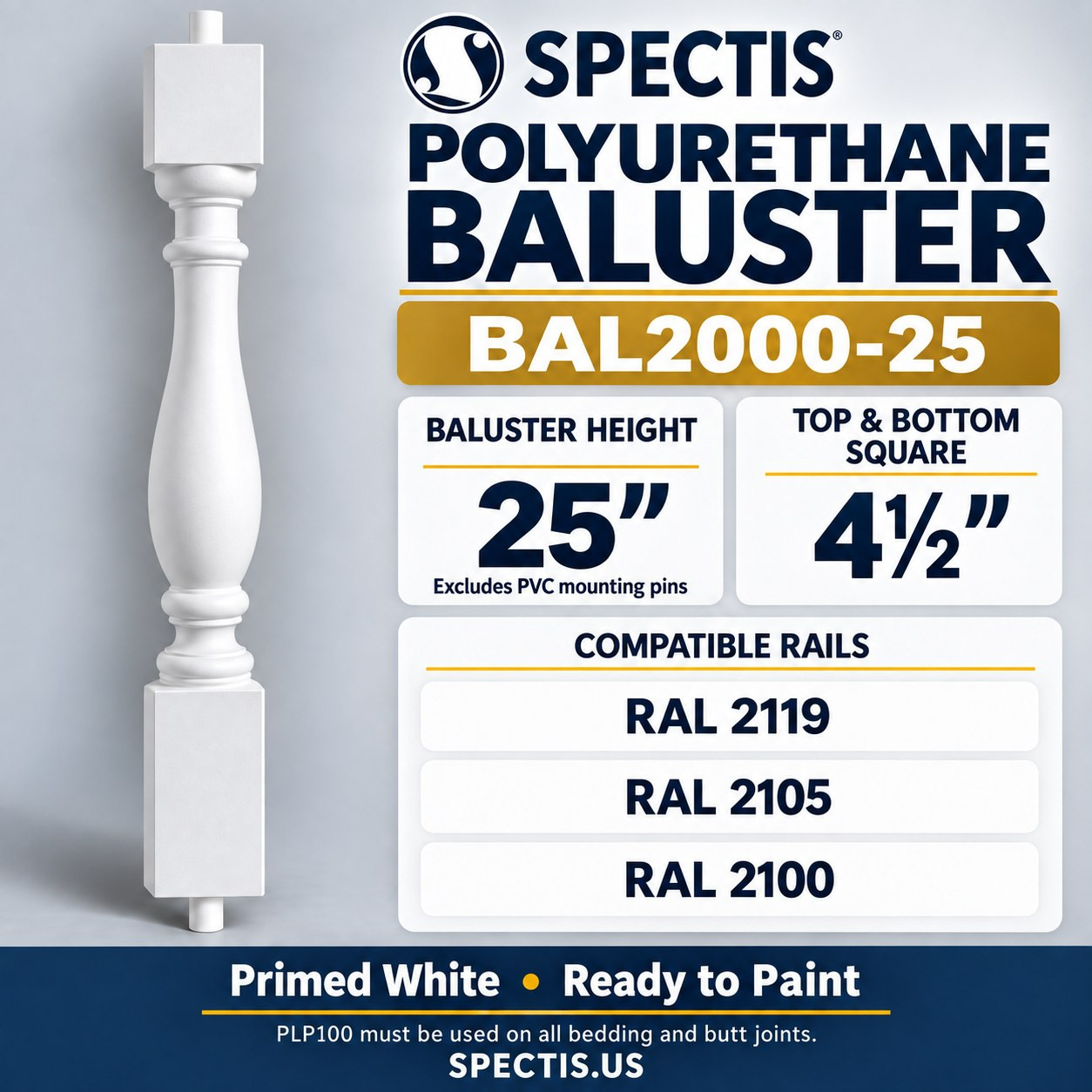BAL2000-25 Spectis polyurethane baluster, dimensions and compatible rails