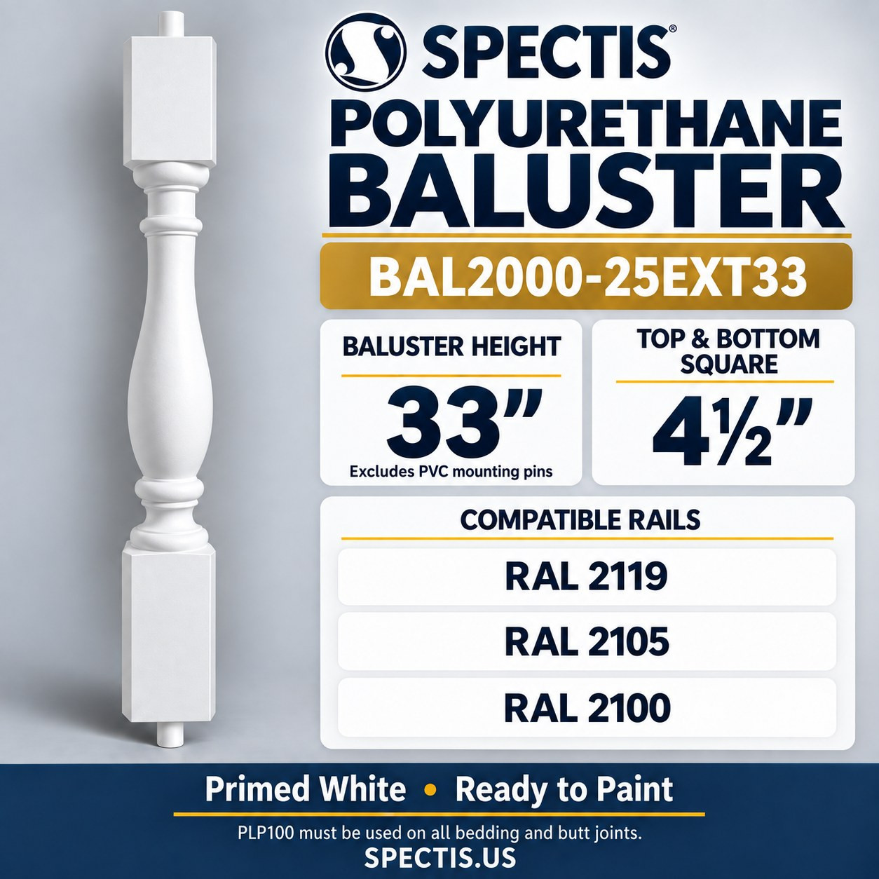 BAL2000-25EXT33 Spectis polyurethane baluster, dimensions and compatible rails