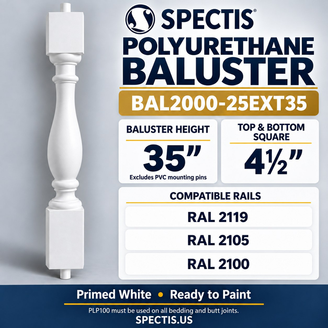 BAL2000-25EXT35 Spectis polyurethane baluster, dimensions and compatible rails