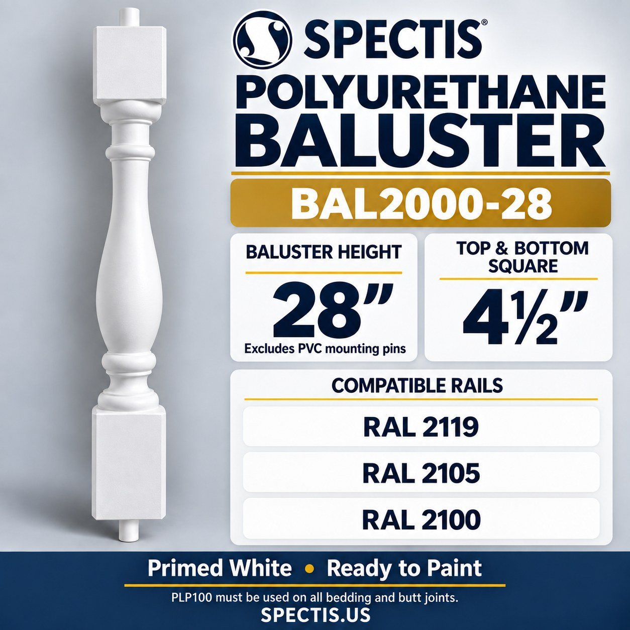 BAL2000-28 Spectis polyurethane baluster, dimensions and compatible rails