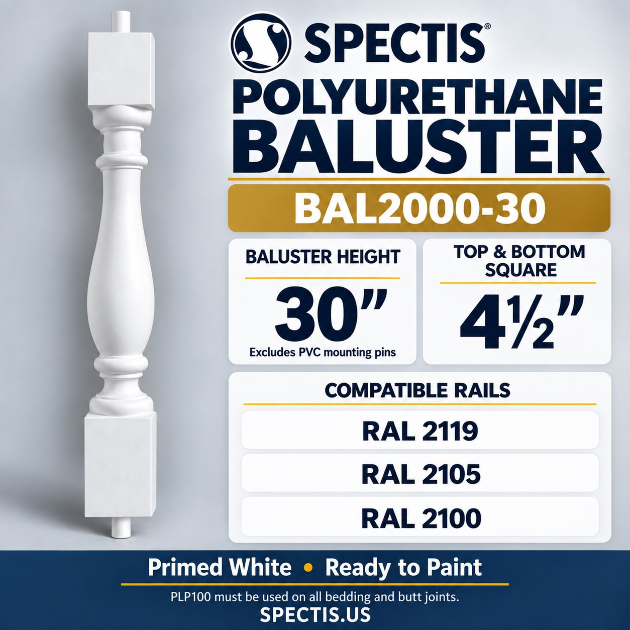BAL2000-30 Spectis polyurethane baluster, dimensions and compatible rails
