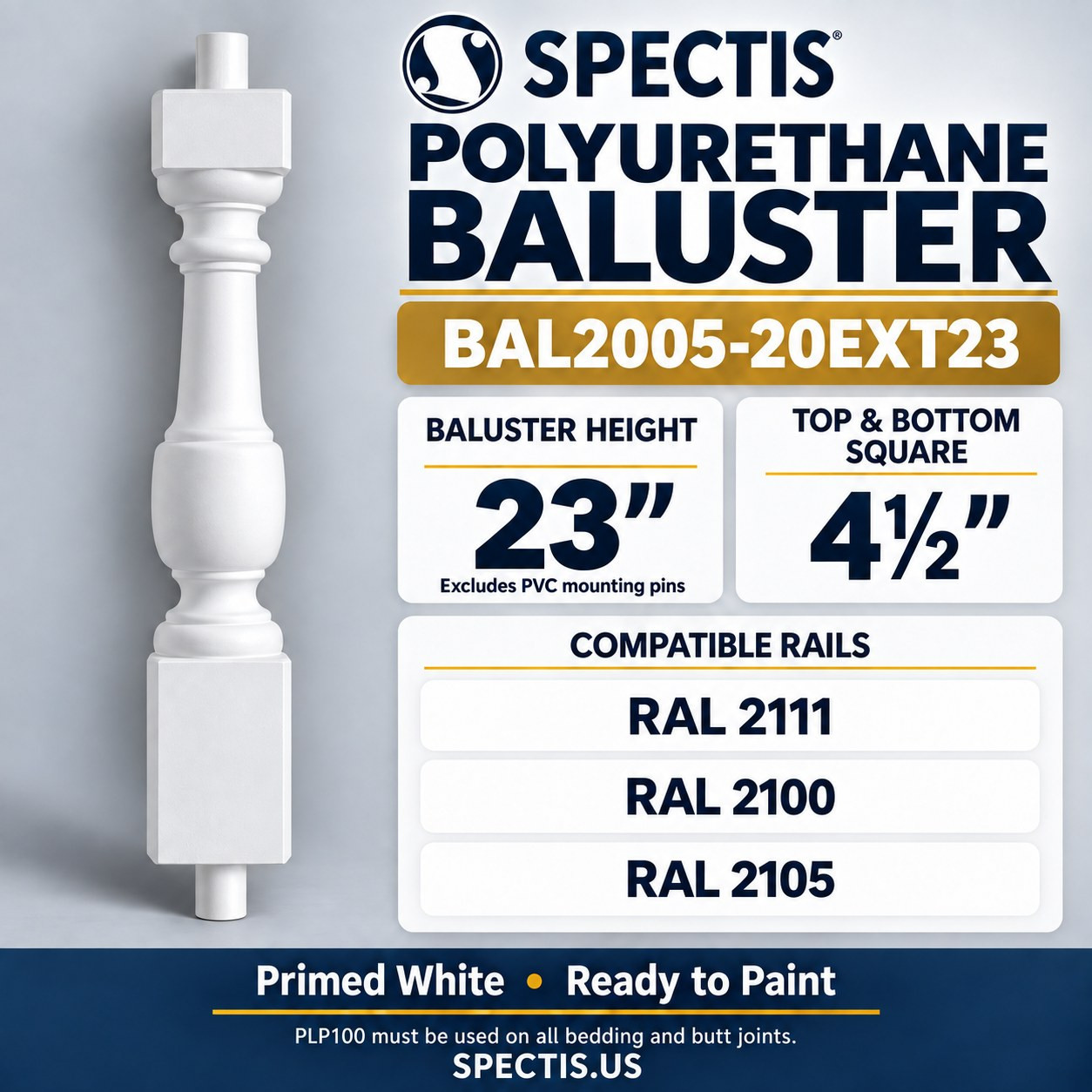 BAL2005-20EXT23 Spectis polyurethane baluster, 23-inch body height excluding PVC mounting pins; model profile, dimensions and compatible rail numbers.