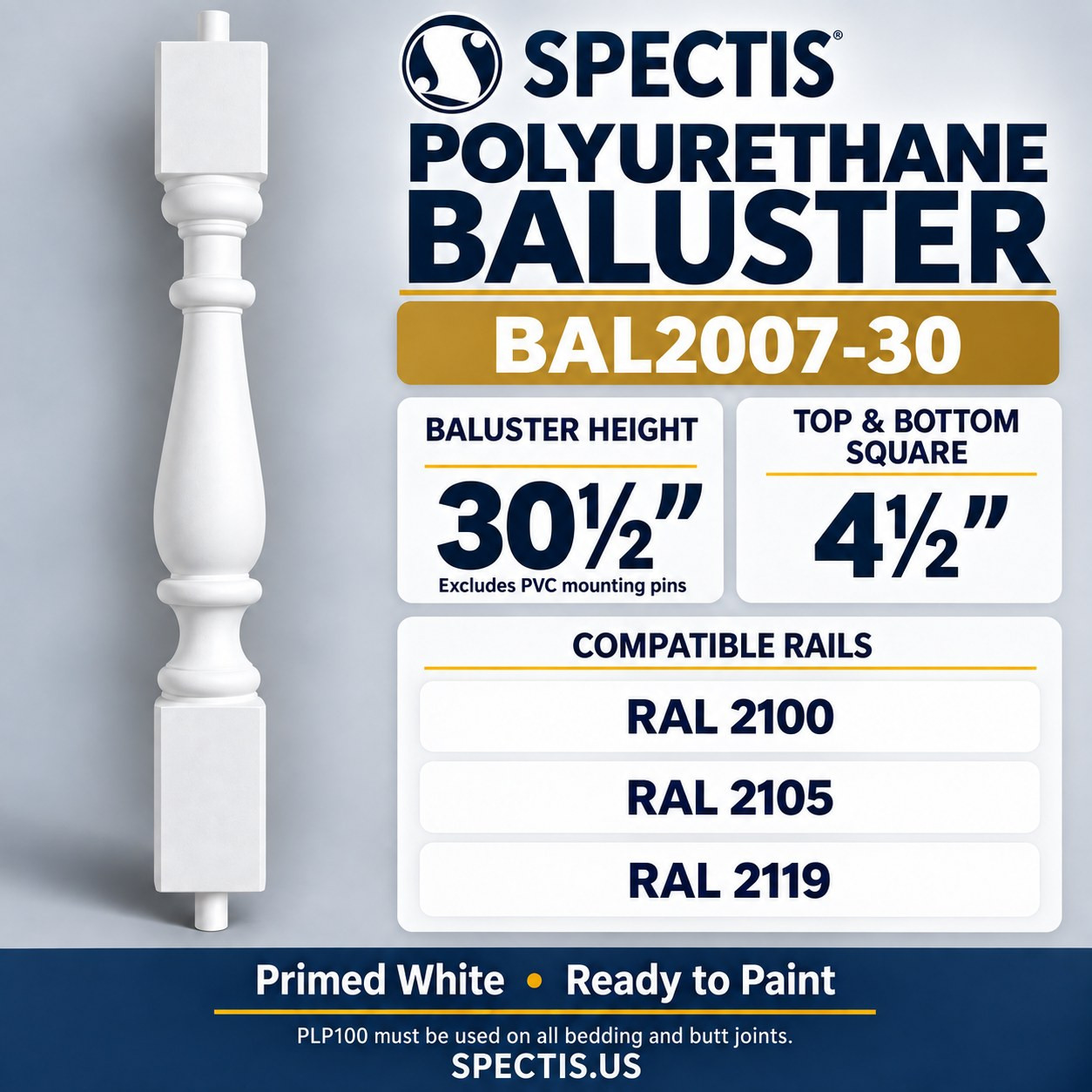 BAL2007-30 Spectis polyurethane baluster, 30½-inch body height excluding PVC mounting pins; model profile, dimensions and compatible rail numbers.