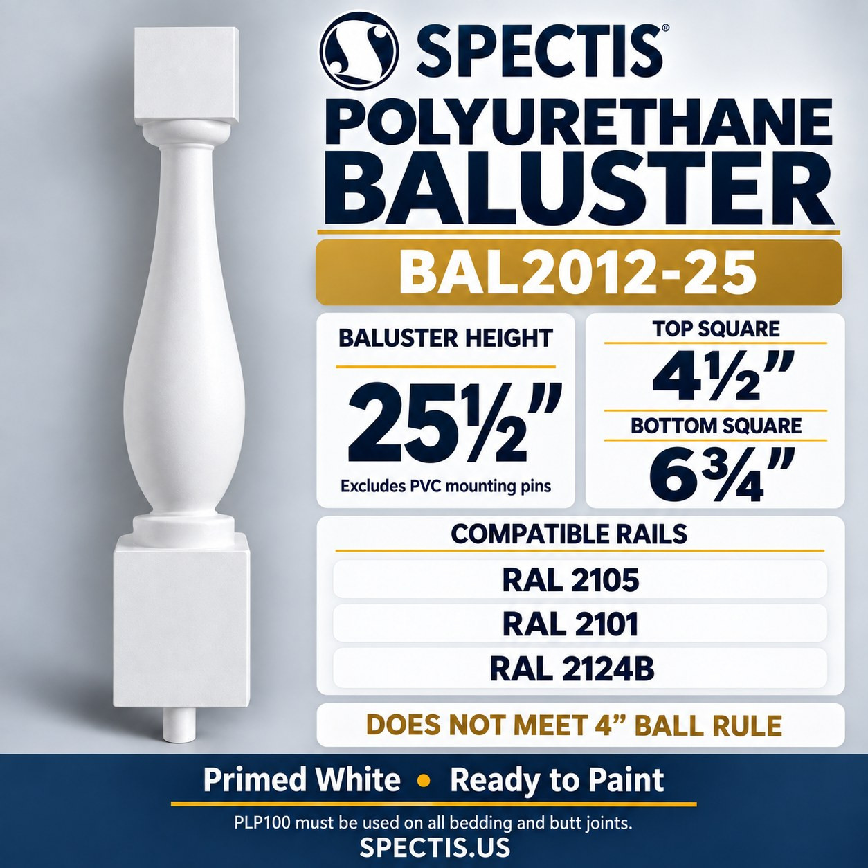 BAL2012-25 Spectis polyurethane baluster, 25½-inch body height excluding PVC mounting pins; model profile, dimensions and compatible rail numbers.