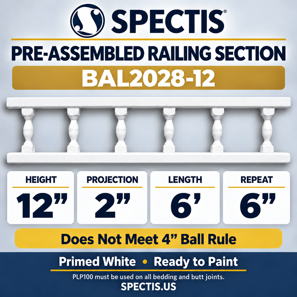 BAL2028-12 polyurethane preassembled railing section, 12 inches high, 2 inch projection, 6 feet long, 6 inch repeat