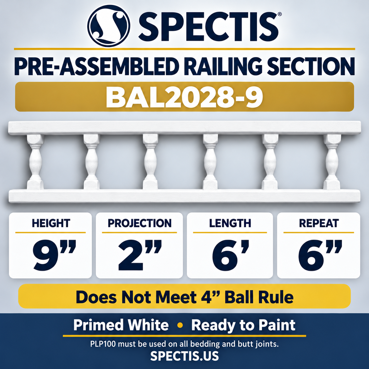 BAL2028-9 polyurethane preassembled railing section, 9 inches high, 2 inch projection, 6 feet long, 6 inch repeat