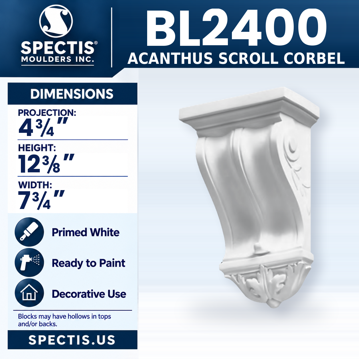 BL2400 Acanthus Scroll Corbel 7.75"W x 12.375"H x 4.75"P