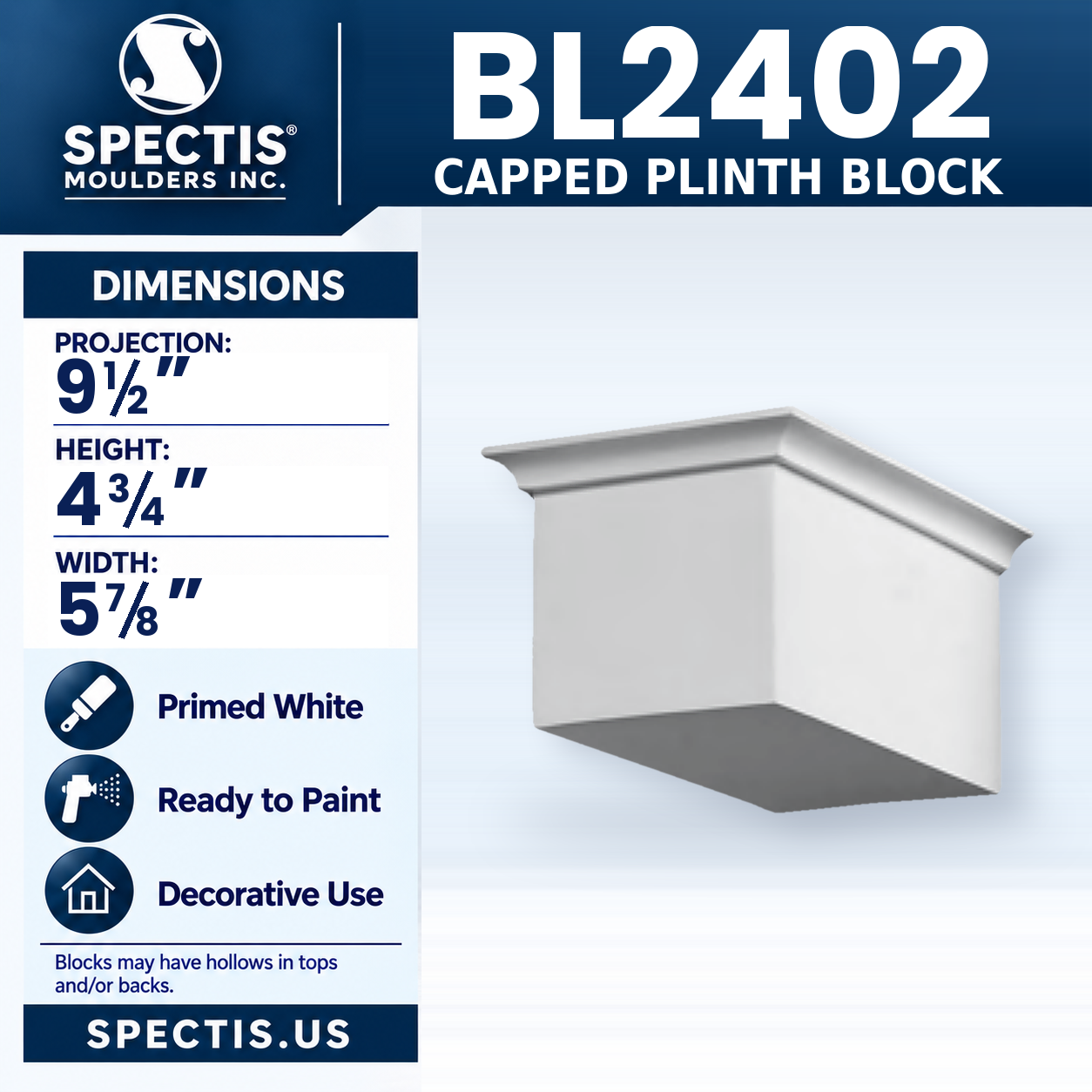 BL2402 Capped Plinth Block 5.875"W x 4.75"H x 9.5"P