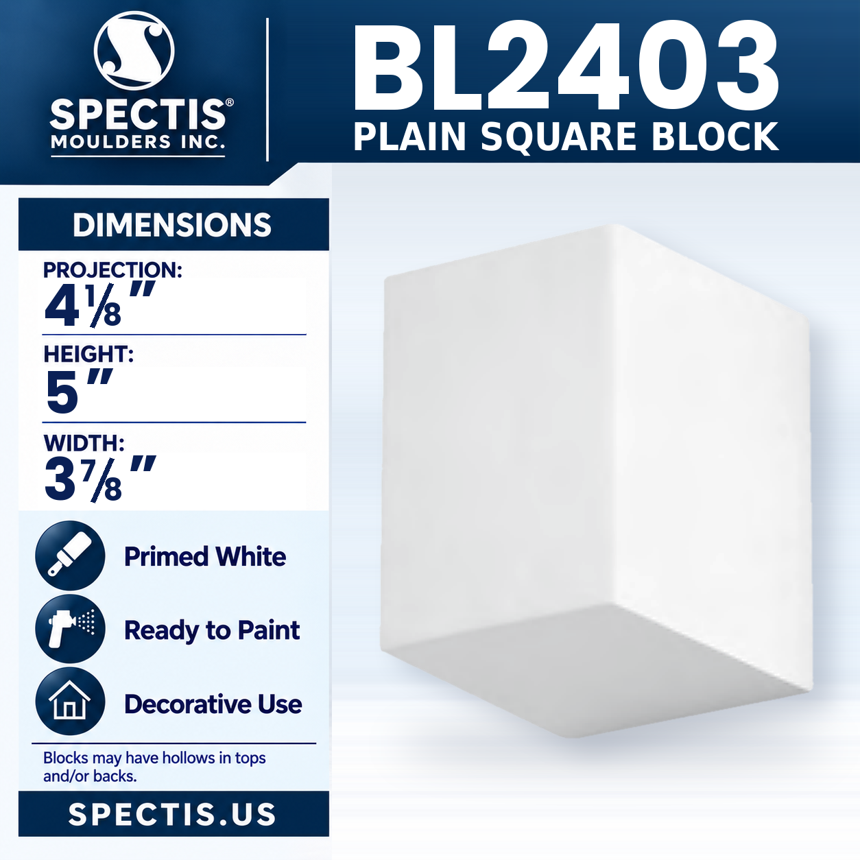 BL2403 Plain Square Block 3.875"W x 5"H x 4.125"P