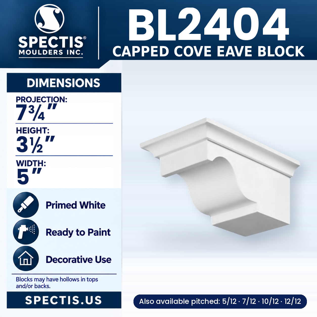 BL2404 Capped Cove Eave Block 5"W x 3.5"H x 7.75"P
