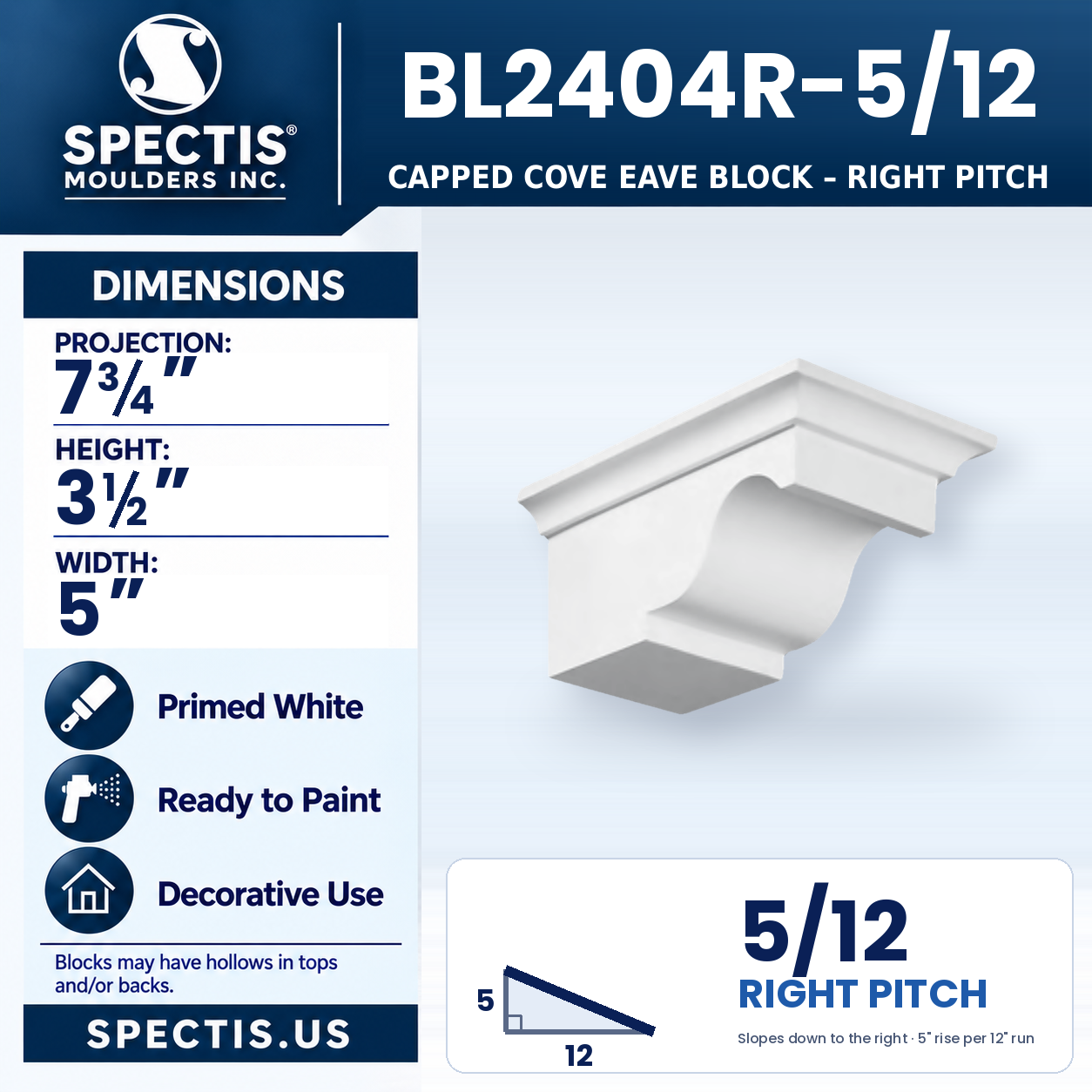 BL2404R-5/12 Capped Cove Eave Block Right Pitch 5"W x 3.5"H x 7.75"P