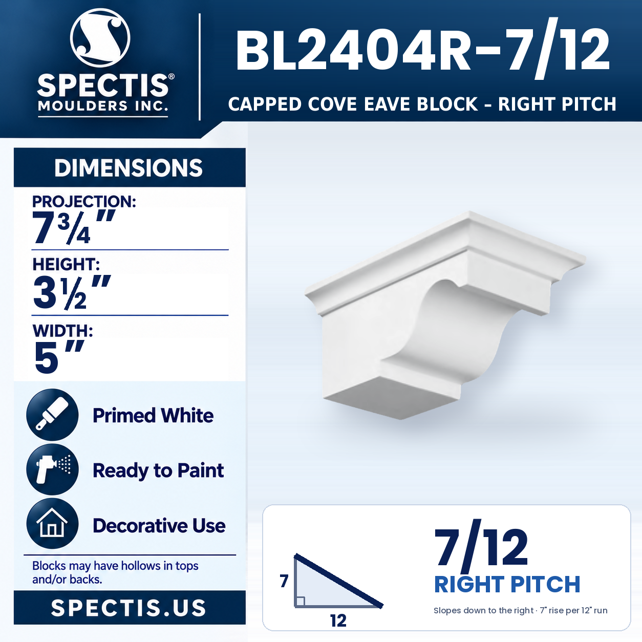 BL2404R-7/12 Capped Cove Eave Block Right Pitch 5"W x 3.5"H x 7.75"P