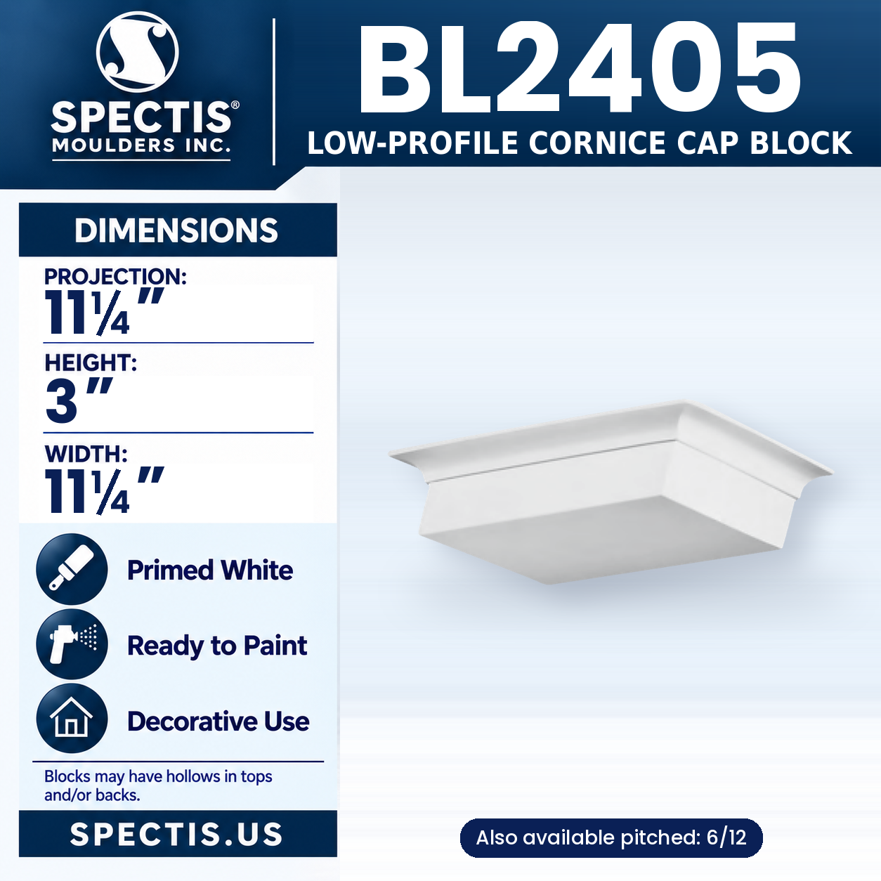 BL2405 Low-Profile Cornice Cap Block 11.25"W x 3"H x 11.25"P
