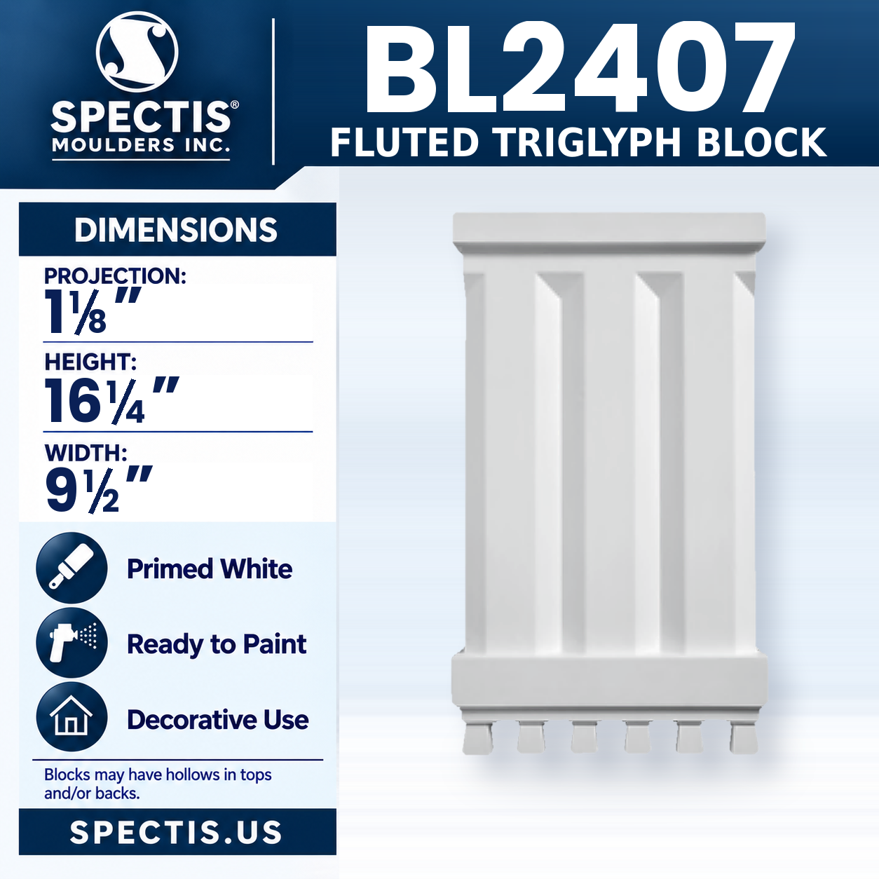 BL2407 Fluted Triglyph Block 9.5"W x 16.25"H x 1.125"P