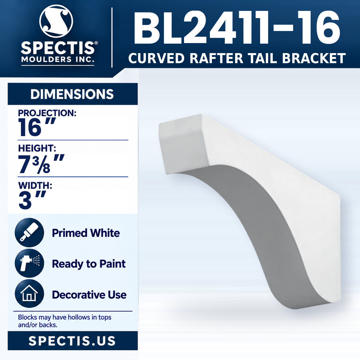 BL2411-16 Curved Rafter Tail Bracket 3"W x 7.375"H x 16"P