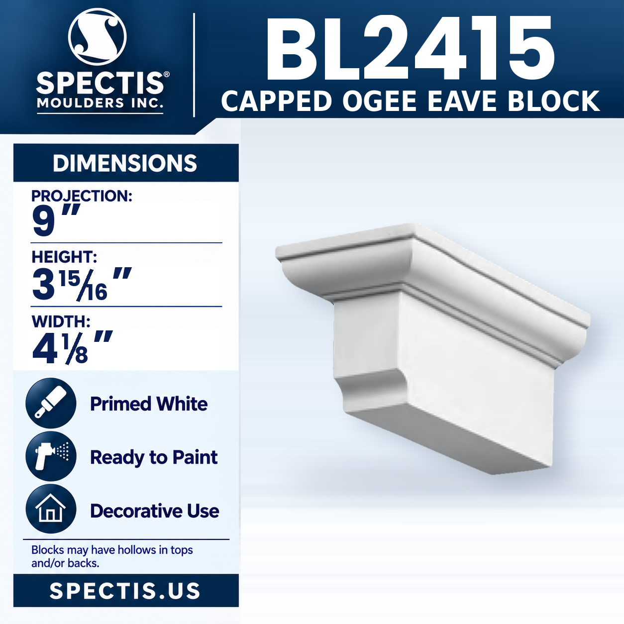 BL2415 Capped Ogee Eave Block 4.125"W x 3.9375"H x 9"P
