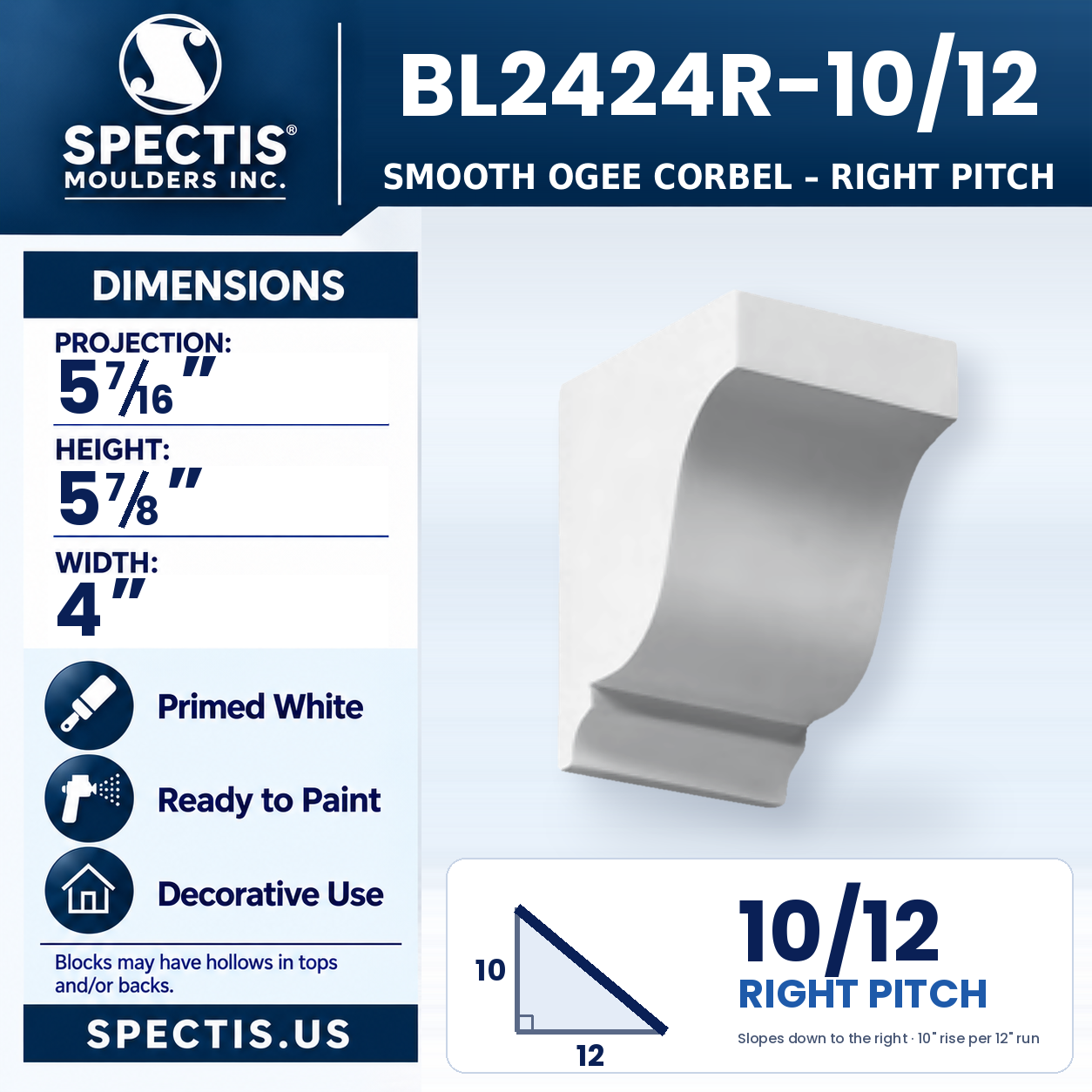 BL2424 Smooth Ogee Corbel, Left or Right Pitch 4"W x 5.875"H x 5.4375"P
