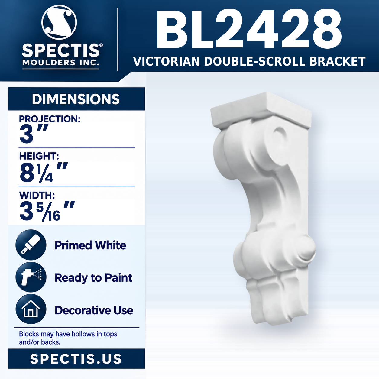BL2428 Victorian Double-Scroll Bracket 3.3125"W x 8.25"H x 3"P