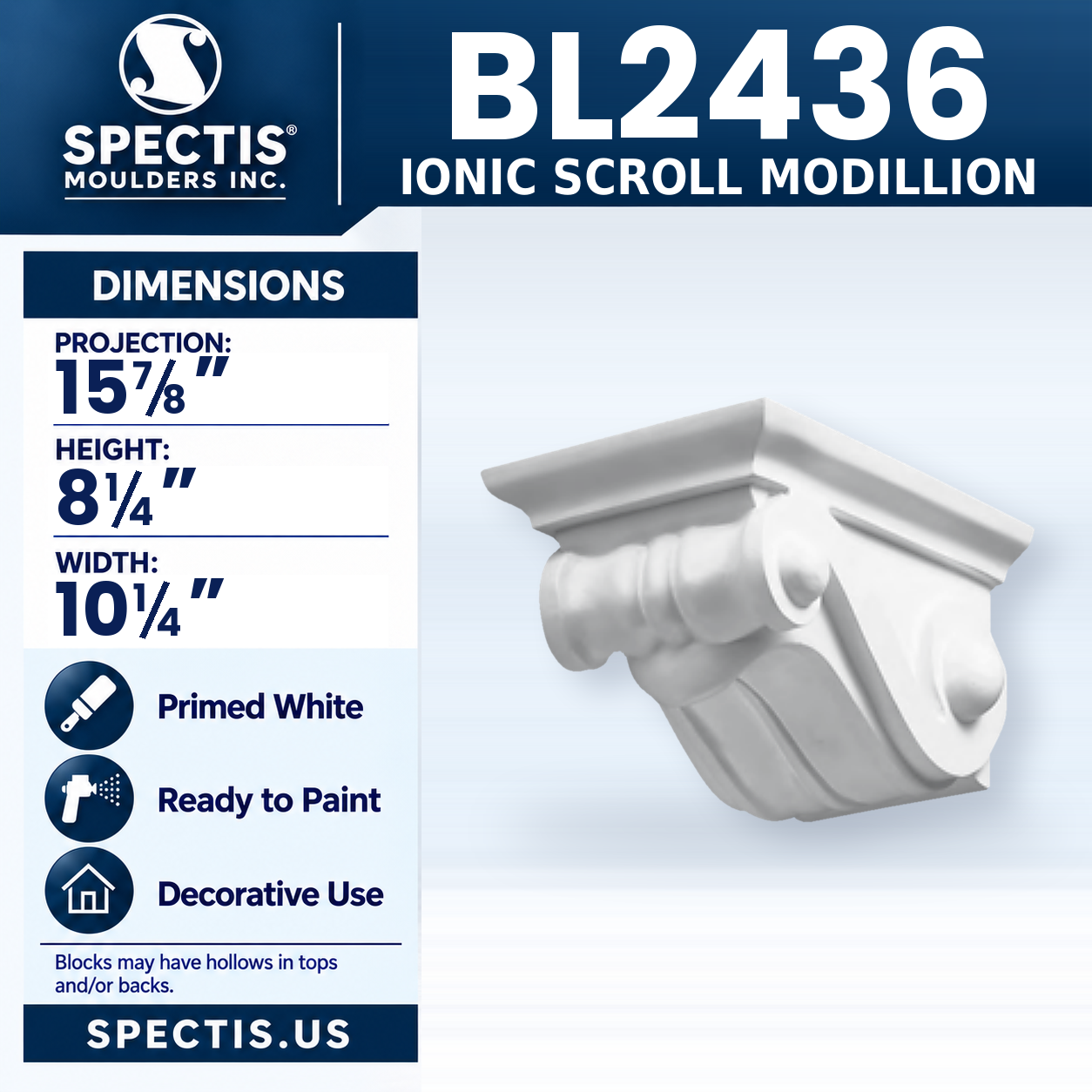 BL2436 Ionic Scroll Modillion 10.25"W x 8.25"H x 15.875"P
