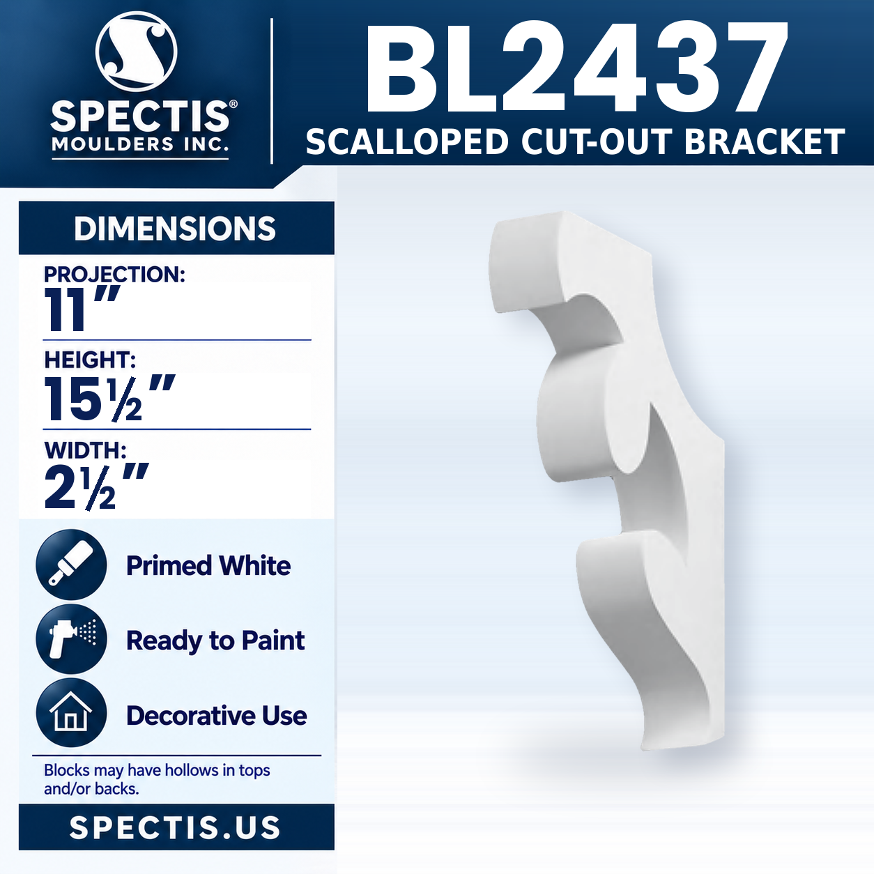 BL2437 Scalloped Cut-Out Bracket 2.5"W x 15.5"H x 11"P