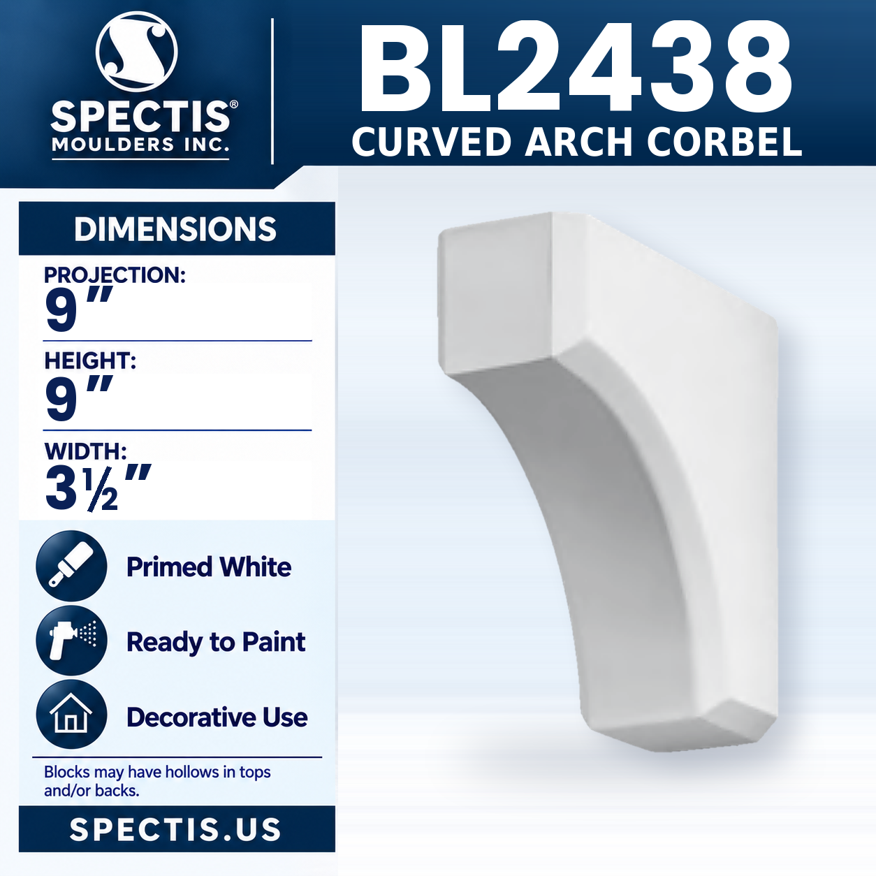 BL2438 Curved Arch Corbel 3.5"W x 9"H x 9"P
