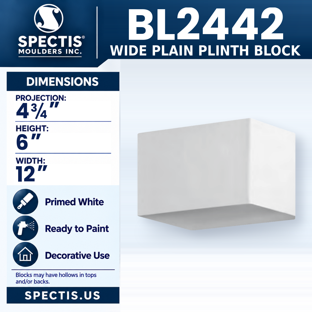BL2442 Wide Plain Plinth Block 12"W x 6"H x 4.75"P