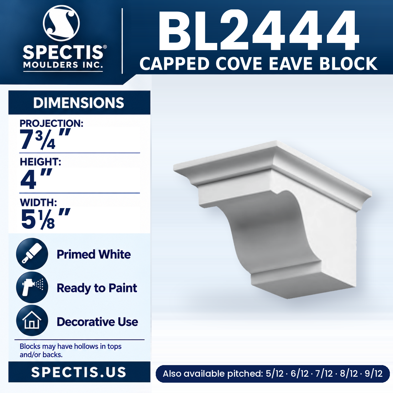 BL2444 Capped Cove Eave Block 5.125"W x 4"H x 7.75"P