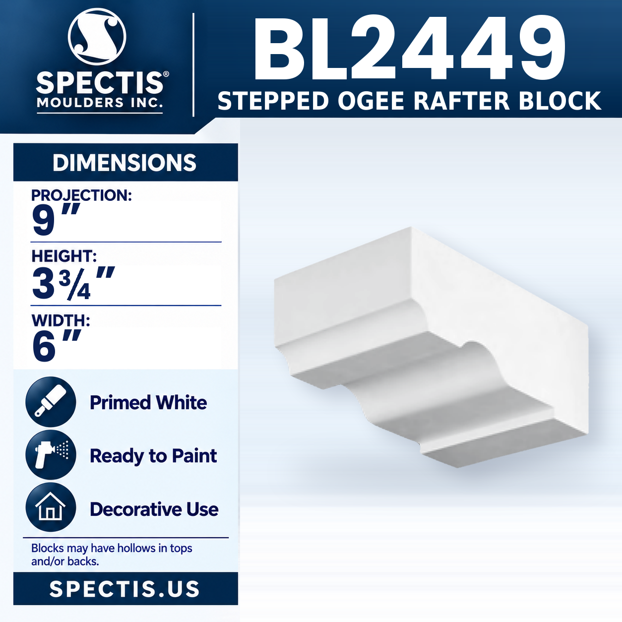 BL2449 Stepped Ogee Rafter Block 6"W x 3.75"H x 9"P