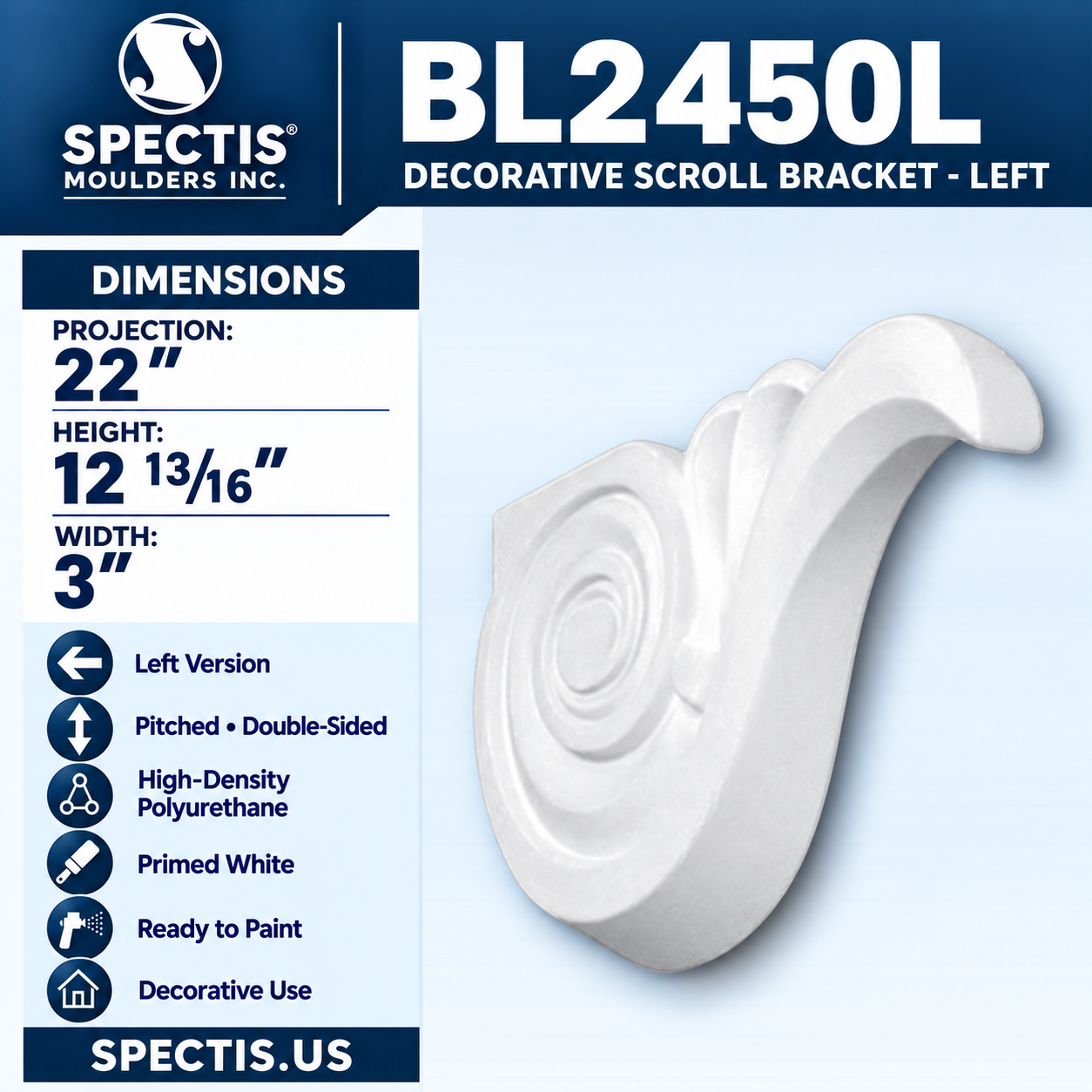 BL2450L Decorative Scroll Bracket Left 3"W x 12.8125"H x 22"P