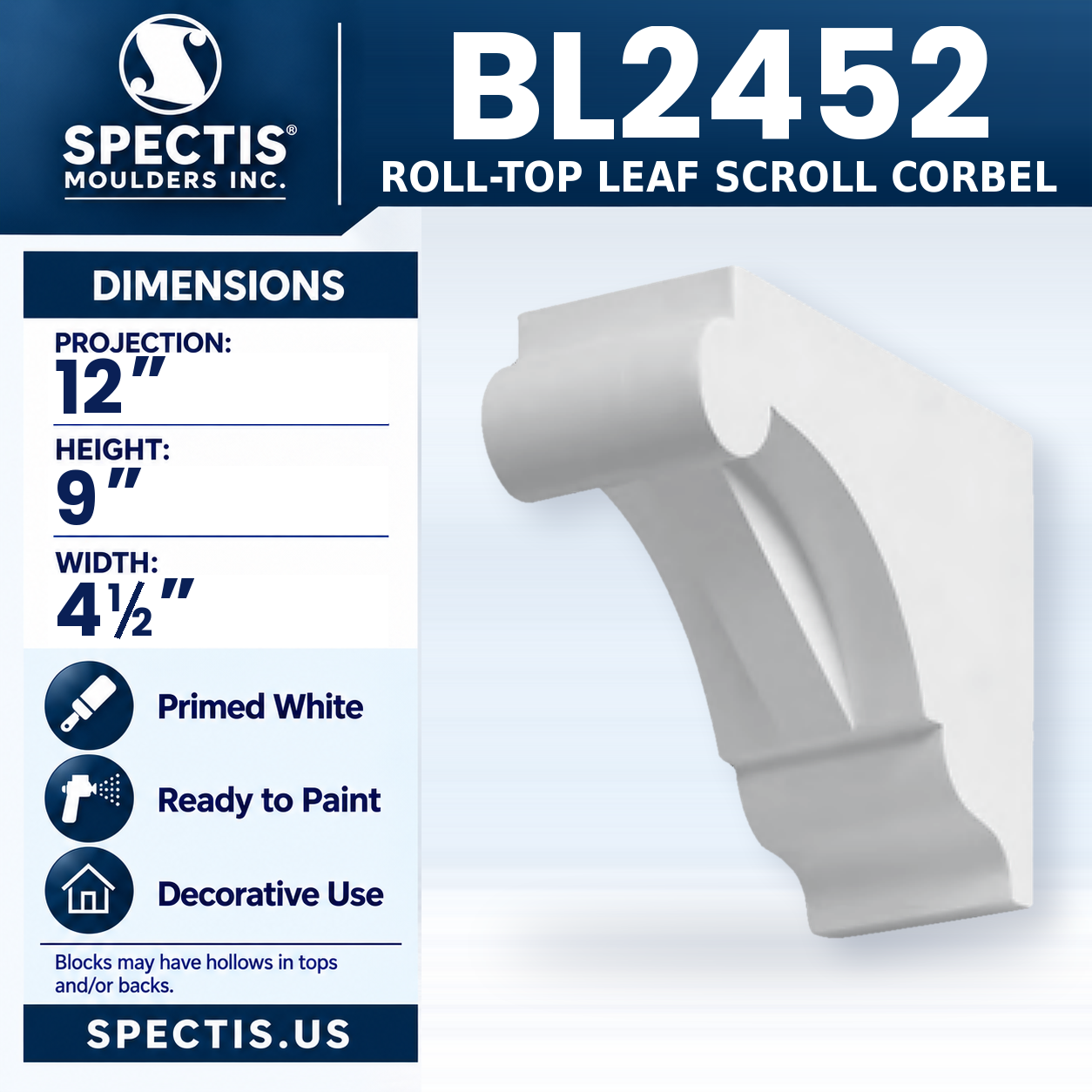 BL2452 Roll-Top Leaf Scroll Corbel 4.5"W x 9"H x 12"P