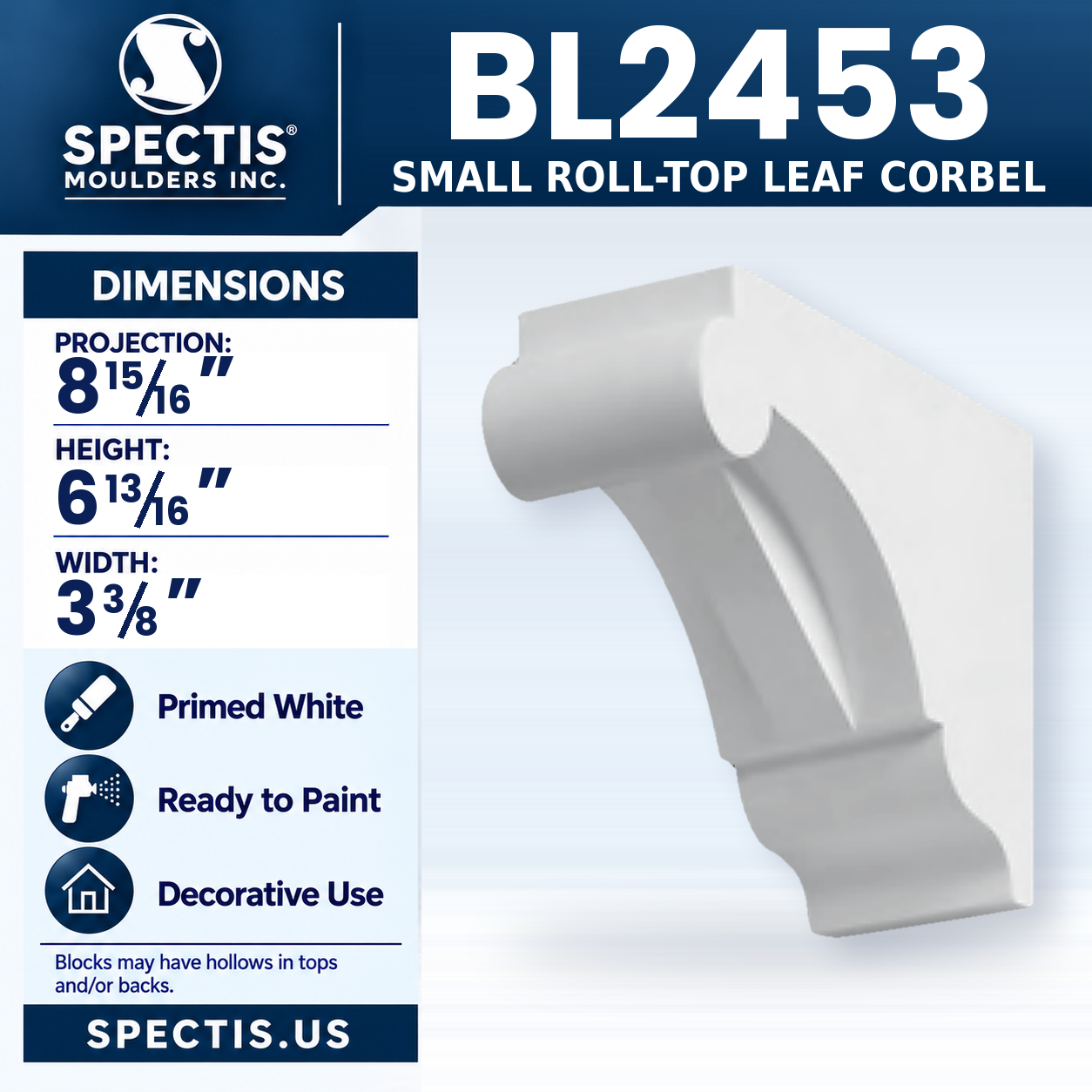 BL2453 Small Roll-Top Leaf Corbel 3.375"W x 6.8125"H x 8.9375"P