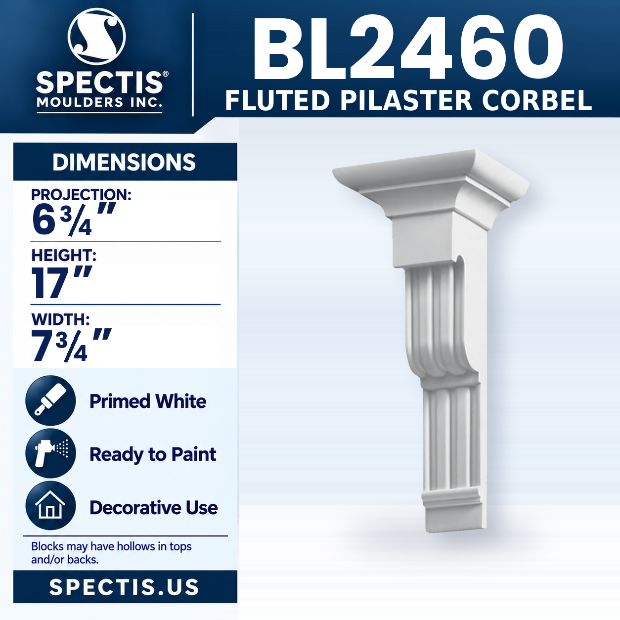 BL2460 Fluted Pilaster Corbel 7.75"W x 17"H x 6.75"P