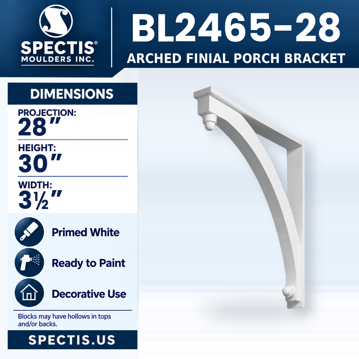 BL2465-28 Arched Finial Porch Bracket 3.5"W x 30"H x 28"P