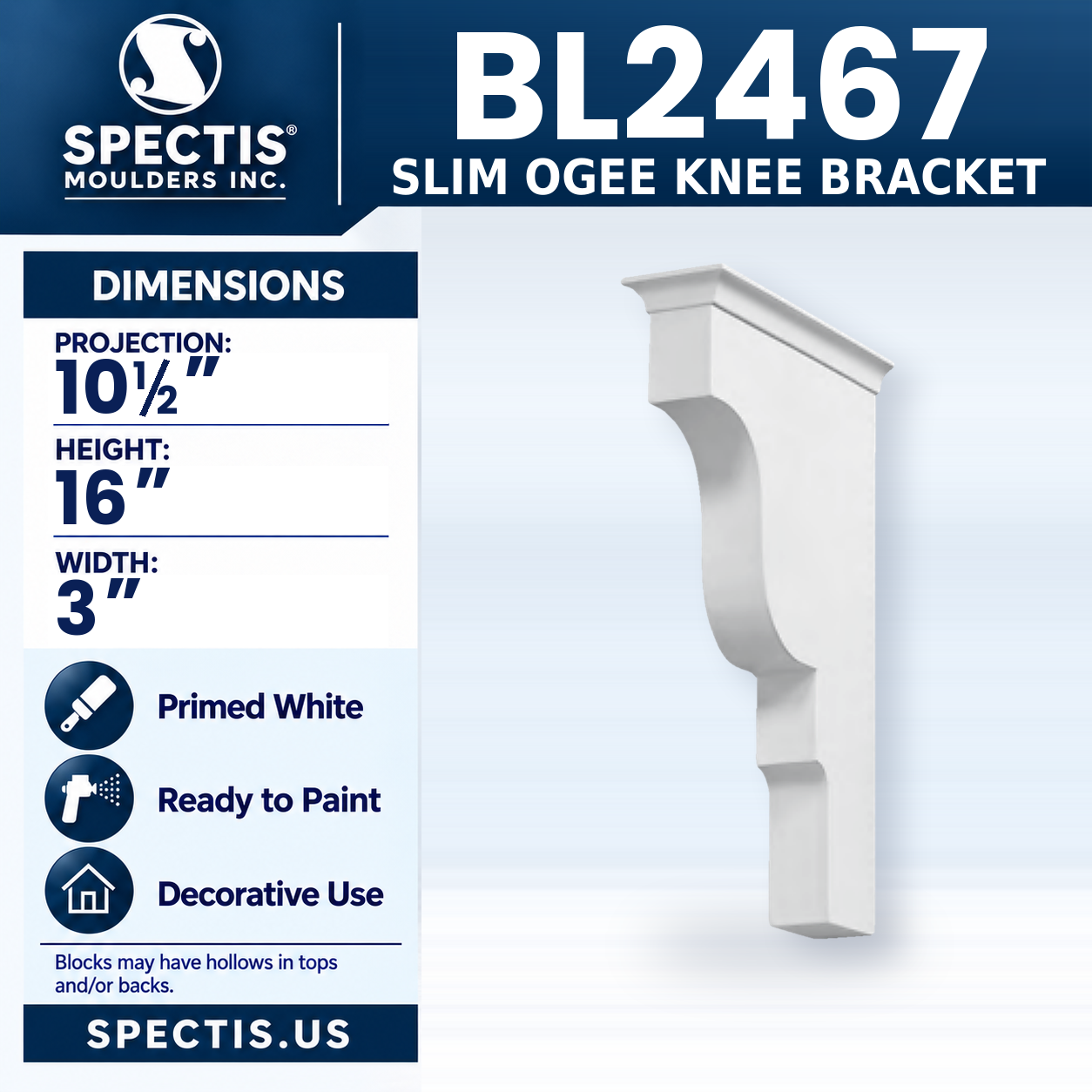 BL2467 Slim Ogee Knee Bracket 3"W x 16"H x 10.5"P