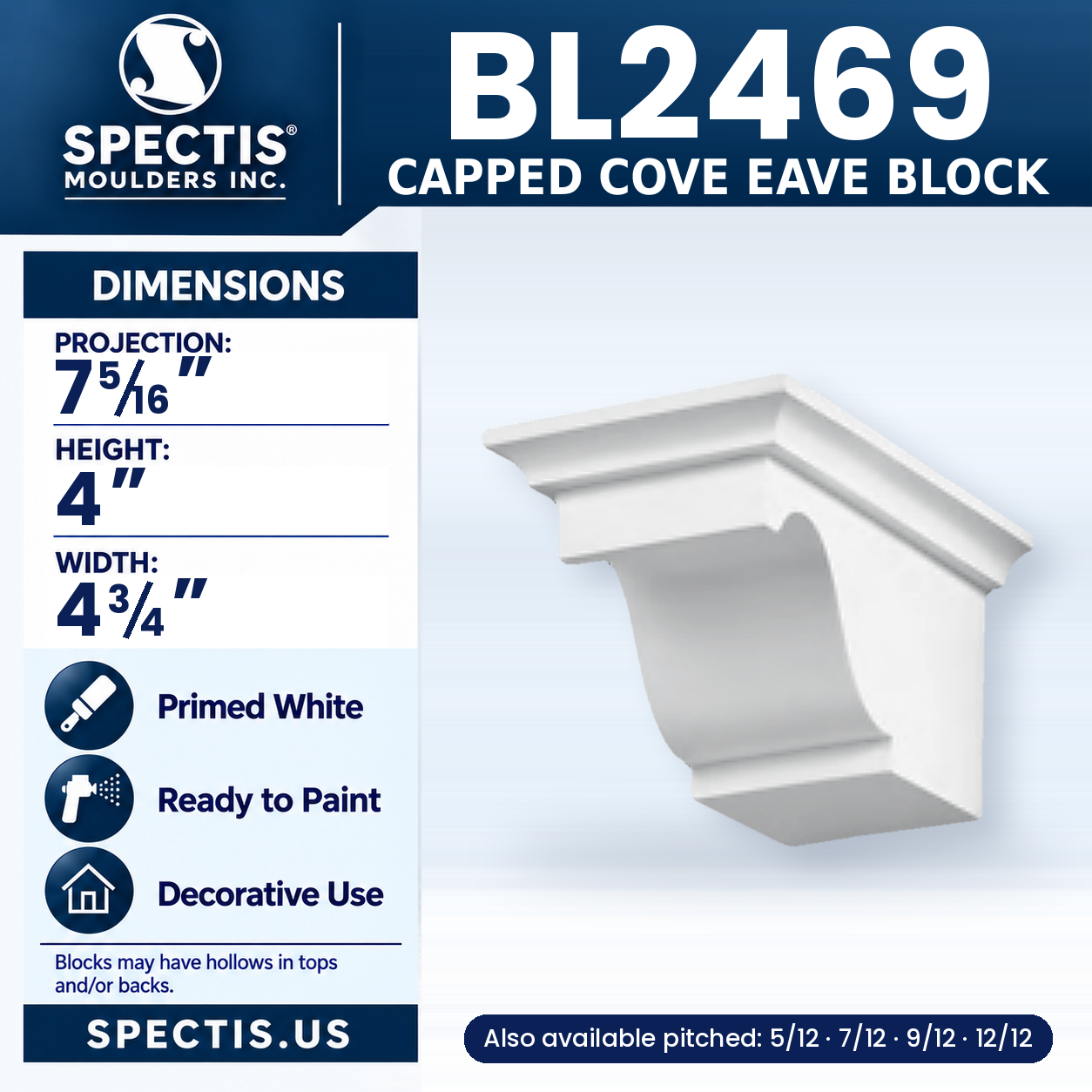 BL2469 Capped Cove Eave Block 4.75"W x 4"H x 7.3125"P
