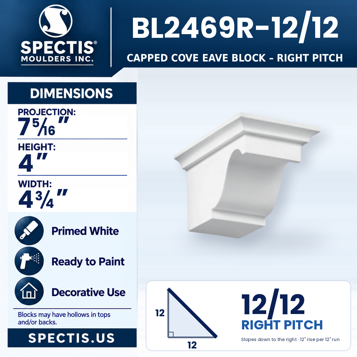 BL2469R-12/12 Capped Cove Eave Block Right Pitch 4.75"W x 4"H x 7.3125"P