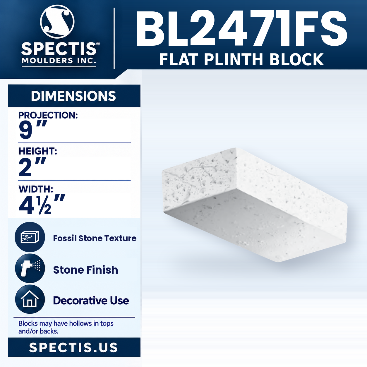BL2471FS Flat Plinth Block 4.5"W x 2"H x 9"P