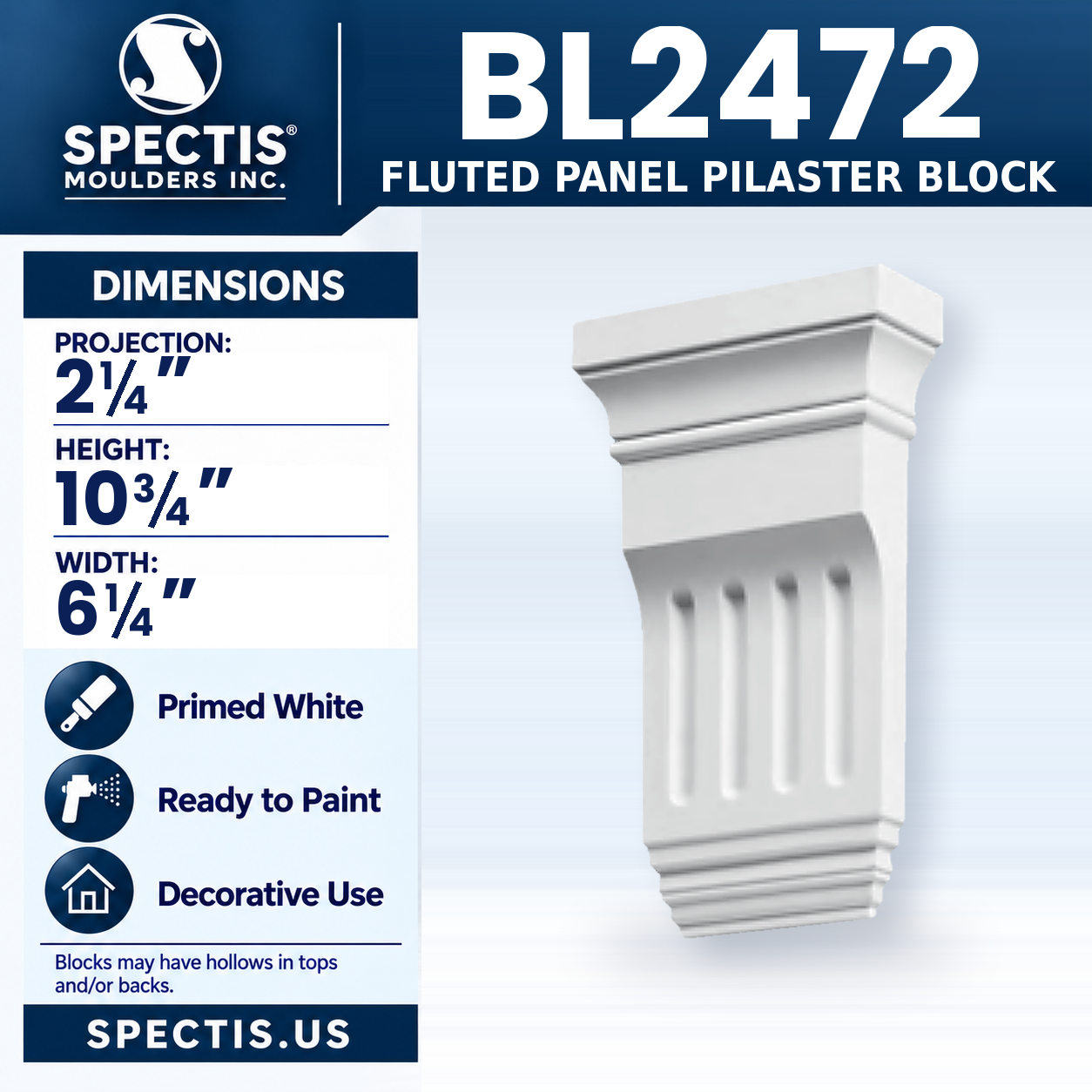 BL2472 Fluted Panel Pilaster Block 6.25"W x 10.75"H x 2.25"P
