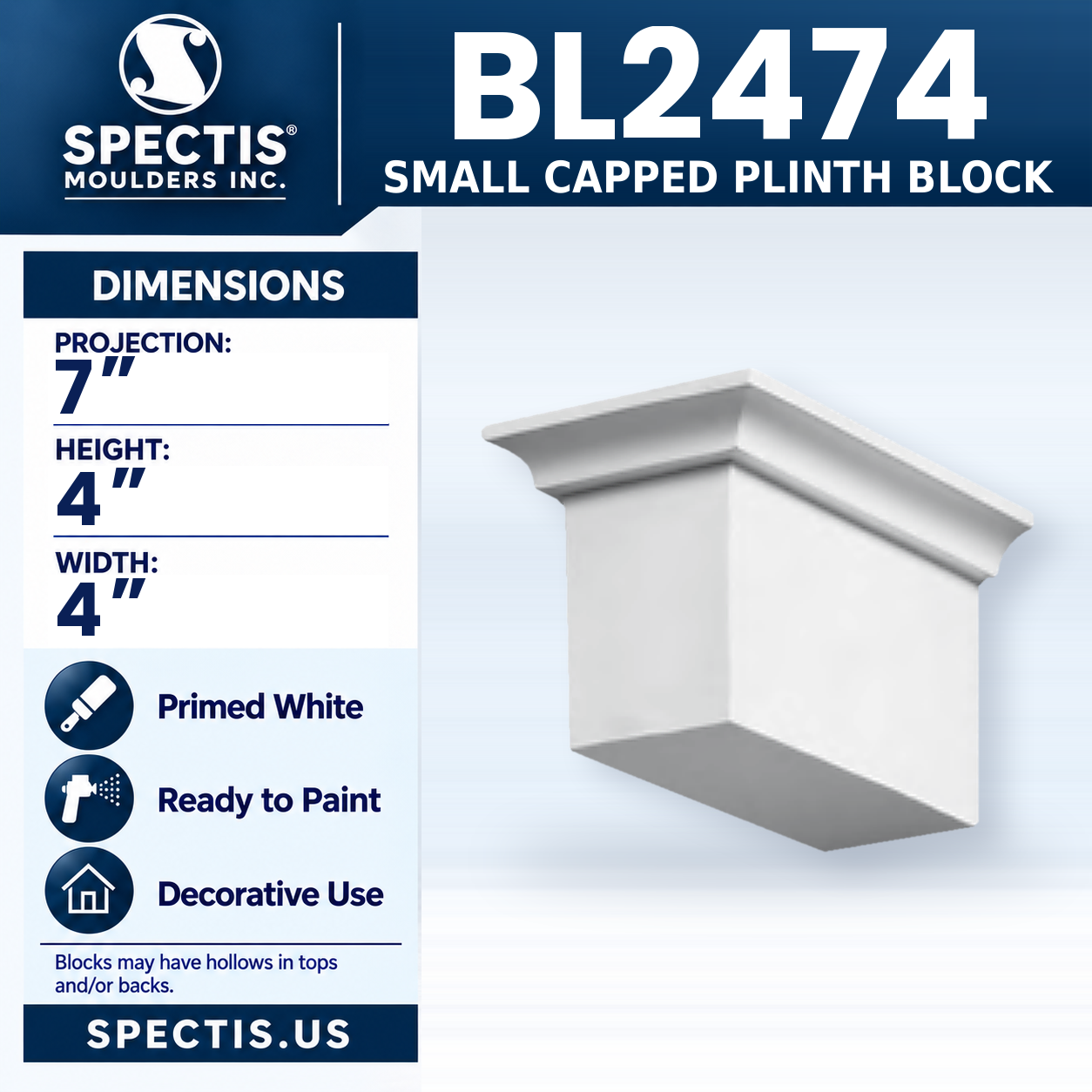 BL2474 Small Capped Plinth Block 4"W x 4"H x 7"P