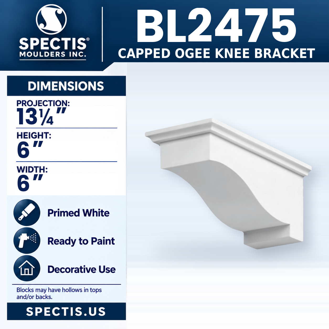 BL2475 Capped Ogee Knee Bracket 6"W x 6"H x 13.25"P
