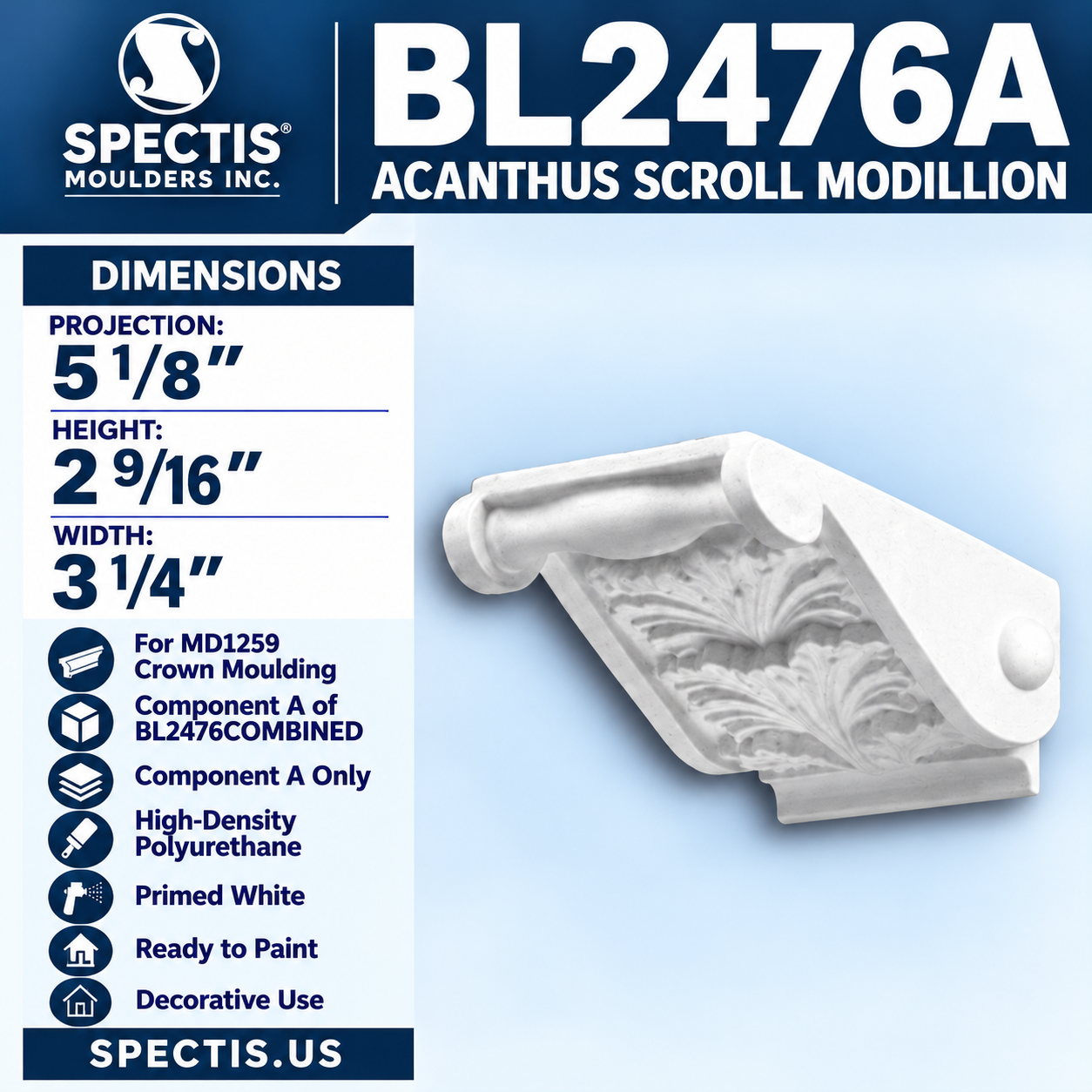 BL2476A Acanthus Scroll Modillion 3.25"W x 2.5625"H x 5.125"P
