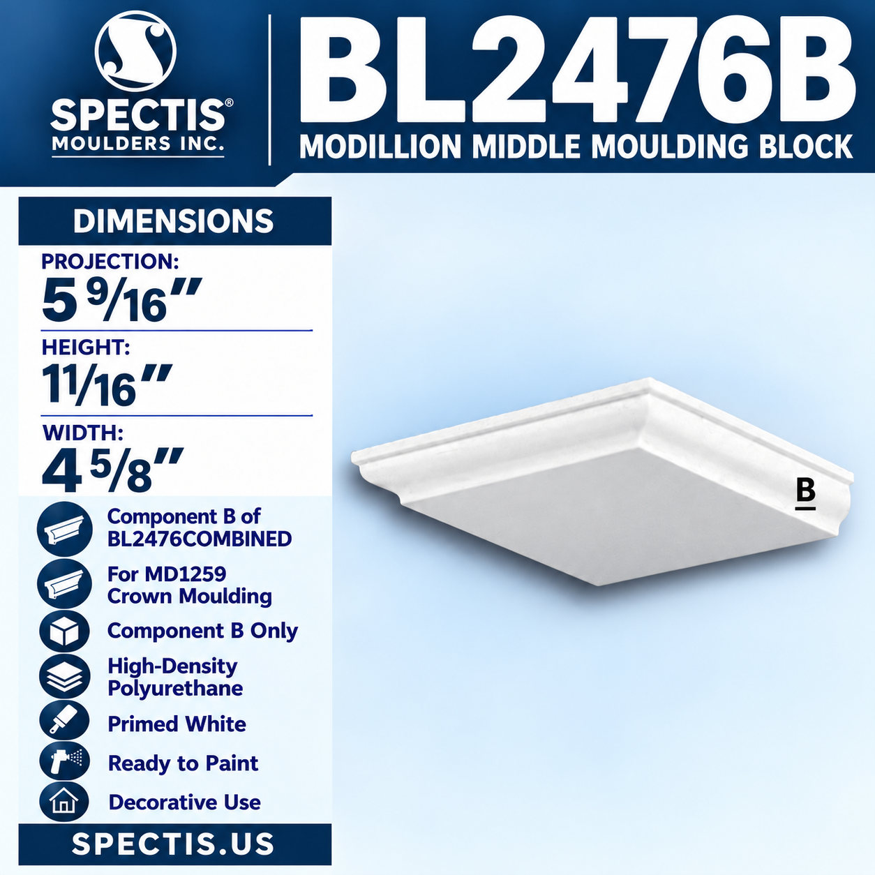 BL2476B Modillion Middle Moulding Block 4.625"W x 0.6875"H x 5.5625"P