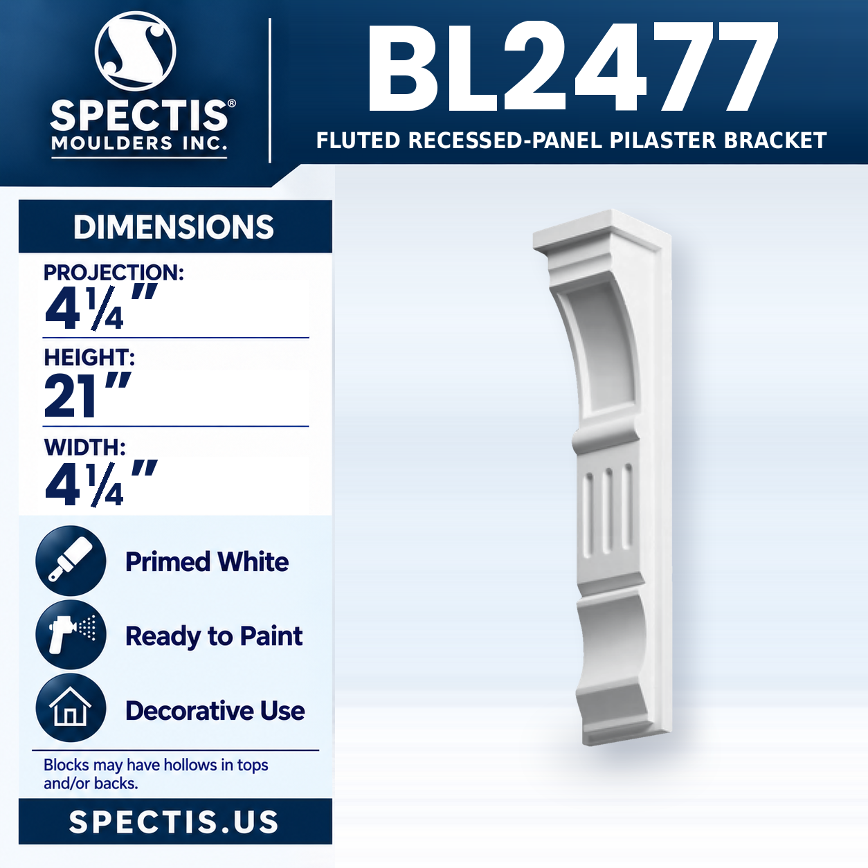 BL2477 Fluted Recessed-Panel Pilaster Bracket 4.25"W x 21"H x 4.25"P