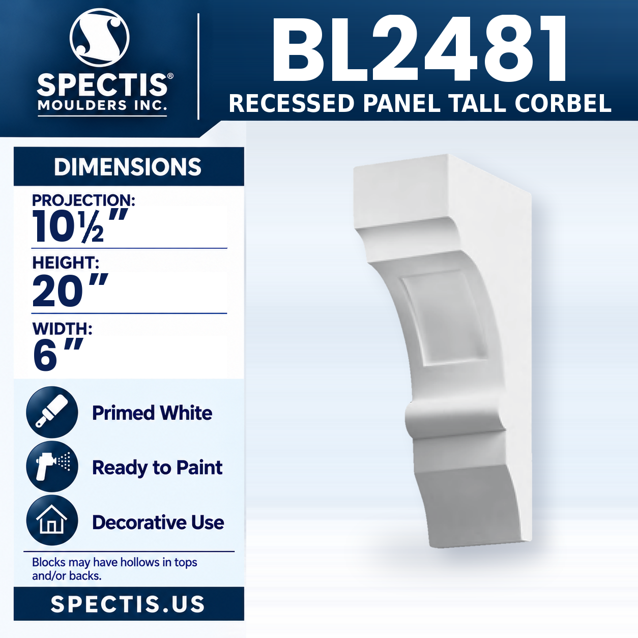 BL2481 Recessed Panel Tall Corbel 6"W x 20"H x 10.5"P